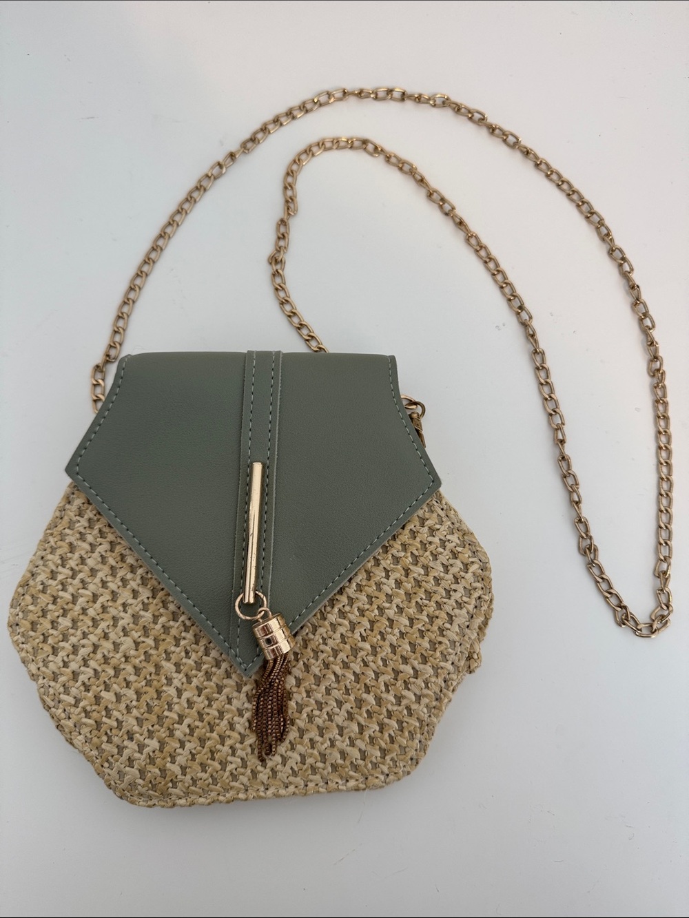 Woven Straw Crossbody Bag with Sage Flap and Gold Chain